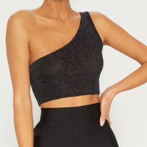 PrettyLittleThing Black Glitter One Shoulder Crop Top Size 2